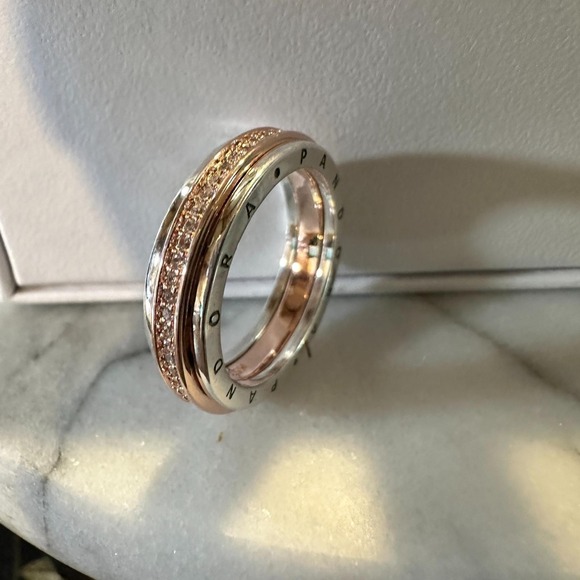 Genuine Pandora Rose Gold Signature Two-Tone Logo Pave Ring 182773C 58 (9) - Picture 9 of 11